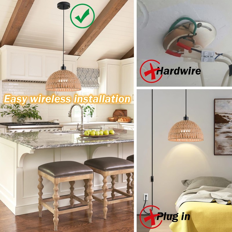 Battery Operated Pendant Light with Remote,Battery Ceiling Lights No Wiring,Battery