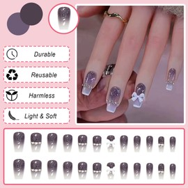 Ceboic Square False Nails Short, French Purple Gradient Nails for Sticking, Cute Bow Tie Ballerina Acrylic Artificial Nails Press on Nails for Women and Girls Daily Use, 12 Sizes, 24 Pieces
