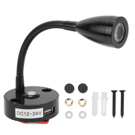 RV Reading Light Flexible Neck 3 Color Light 12‑24V 3W USB Rechargable Universal for Yachts Boats Black