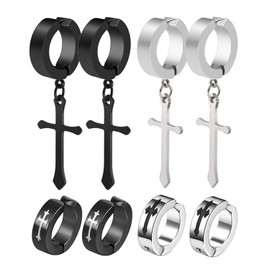 Gokei Co. Faux Earrings, Cross Earrings, Cross Ring Earrings, Non-Hole Hoop Earrings, Ear Cuffs, Fake Earrings, Men’s, Unisex, Set of 6 Pairs (12 Pcs in Total), Cross [Set of 4 Types, 8 Pieces]