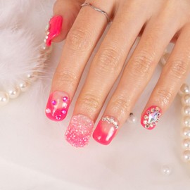 LOVFUL Press on Nails Pink Typhoon| Handmade with Full Covered Crystals | Reusable Fake Nails | Square Short 0.8 in | H38-S