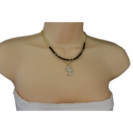 TFJ Women Fashion Short Necklace Metal Chains Mini Cross Pendant Black Beads Gold Color