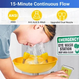 304 Stainless Steel Eye Wash Station, Wall-Mounted Emergency Eye Washer- Multifunctional Nozzle, OSHA Approved, Eye Irrigation Sign & Enlarged Basin Yellow