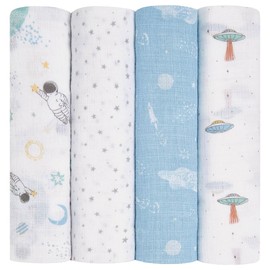 aden + anais Essentials Swaddling Blankets, Swaddle and Comforter Blanket for Girls and Boys, 100% Cotton Baby Swaddle Blanket for Newborns and Toddlers, 112 x 112 cm, Pack of 4, Space Explorers