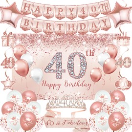 Trgowaul 40th Birthday Decorations for Women, 30pcs Rose Gold Happy Birthday Party Supplies, 40th Crown and Sash, Banner, Hanging Swirl Flag, Balloons, 40 Year Old Party Decoration Set