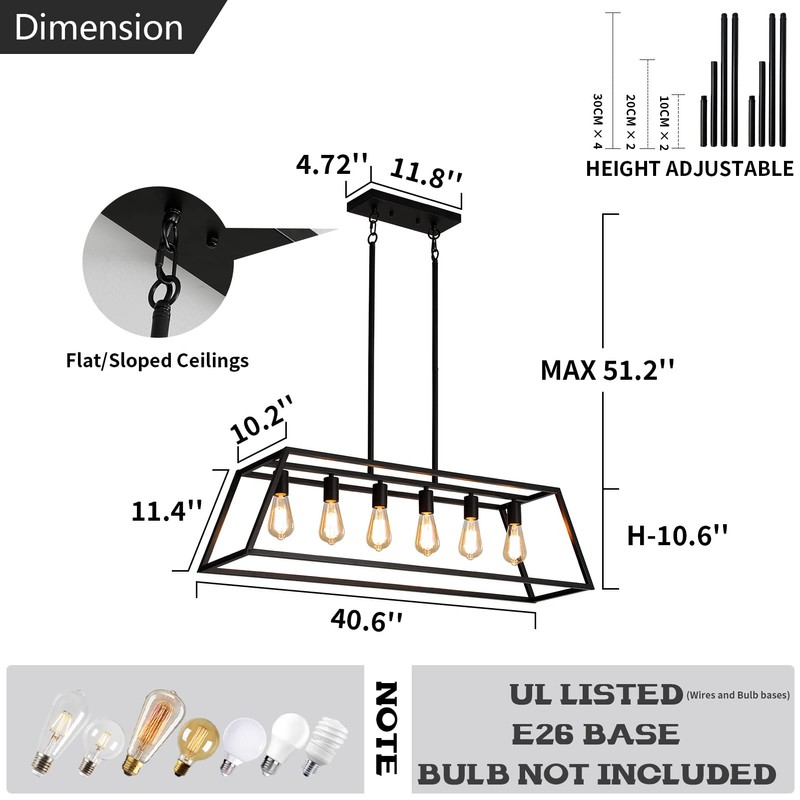 XISLTHOTSL Black Kitchen Island Lighting, 6-Light Farmhouse Chandeliers, Modern Industrial