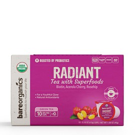 BareOrganics Radiant Tea withuperfoods & Probiotics | Compatible Tea Pods | USDA Certified Organic, Vegan, Non-GMO & Recyclable, 10ctingleerve Cups