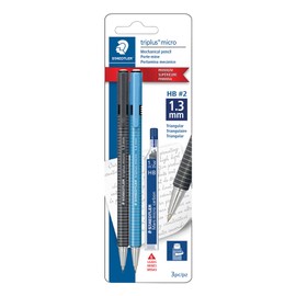Staedtler Triplus Micro 77413SBKA6ST - Lápiz mecánico retráctil con goma de borrar de giro, 6 recambios, 2 unidades, 77413SBKA6