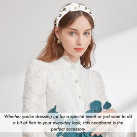 Zkptops Football Headbands for Women Knotted White Pearl Rhinestone Bejeweled Headband Wide Top Baseball Jeweled Embellished Cute Non Slip Turban Game Day Crystal Hair Accessory Sports Charm Fan Gift