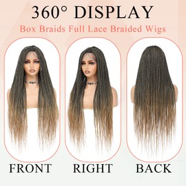 ROSEBONY 36" Full Lace Box Braided Wigs for Black Women Double Full Transparent Lace Pre Plucked with Baby Hair Knotless Synthetic Box Braids (1B/27)