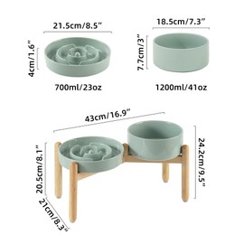 Havniva Ceramic Raised Slow Feeder Dog Bowl Set, Elevated 7.3inch Bowl and 8.2inch Puzzle Slow Dish with Wooden Stand for Medium and Large Dog, Anti-Gulping (2X Light Green+ Stand)