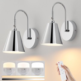 TOPDARKWEE Battery Operated Wall Sconces Set of 2, Dimmable LED Wall Lights with Remote Control, Indoor Sconce Wall Lighting,Wall Mounted Lamps for Bedroom Living Room Hallway (Chrome-Conical)