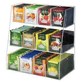 Krbnk Acrylic Tea Bag Organizer - 3 Tier Clear Tea Bag Holder & Storage Rack, Modern Tea Organizer for Countertop, Cabinet, No Assembly Required Tea Bar Accessories (Holds 200+ Tea Packets)