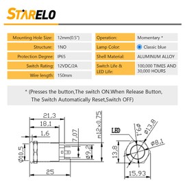 STARELO 5pcs 12mm Momentary led Push Button Switch Black Shell with pre-Wiring, IP65 Waterproof Push Button Switch,1NO 1 Normally,Self-resetting with LED(Blue).