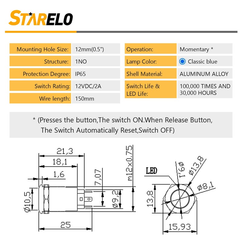 STARELO 5pcs 12mm Momentary led Push Button Switch Black Shell