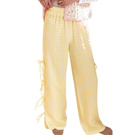 codcm Womens Gingham Striped Wide Leg Pants Y2k Lounge Pants Lace Up Loose Trousers(Yellow Plaid,Small)