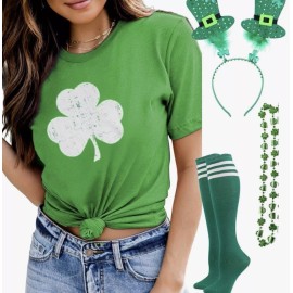 YOKVAN St Patricks Day Womans Lucky Shamrock T-shirt+Socks+
