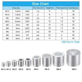 uxcell Aluminum Crimping Wire Rope Stop Sleeve 9 Size 3/64'' 1/16'' 5/64'' 3/32'' 1/8'' 5/32'' 3/16'' 1/4'' 5/16" Round Ferrule for Wire Rope Cable, 220pcs