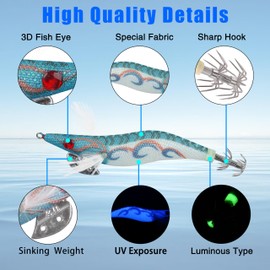 Squid Jig Saltwater Fishing Lures, 5pcs/10pcs Saltwater Glow Squid Jig Hooks Hard Bait Luminous UV Shrimp Prawn Lures Fluorescent Cuttlefish Sleeve Squid Jigs Kit for Cuttlefish Octopus Fishing