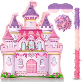 Princess Castle Pinata Bundle Girl Princess Party Pinata Set Include Pink Castle Pinata Bat Stick and Blindfold Mask for Princess Theme Birthday Party Supplies Decor, 16.1 x 13.4 x 3.2 Inch Colorful Pack - Color: Castle