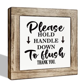 Bathroom Sign, Wooden Box Sign Plaque, Bathroom Rules Table Sign, Decorative Wooden Desk Sign, Toilet Decor, Farmhouse Tabletop Block Sign for Bathroom - Please Hold Handle Down to Flush