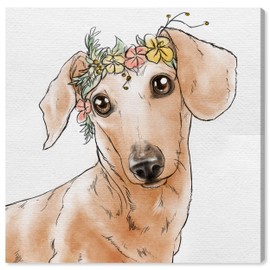 The Oliver Gal Artist Co. Animals Wall Art Canvas Prints 'Floral Crown Dachshund' Home Décor, 12" x 12", Brown, Green