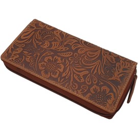 myledershop Large Full-Grain Leather Women's Purse/Purse/Wallet/Purse All Around with Liana Embossing or without Embossing and RFID & NFC Protection Including Sewing Kit, Cognac, Modern