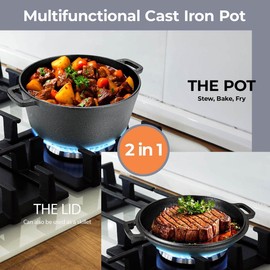 TLGREEN Cast Iron Dutch Oven Pot with Lid, Pot (5.1QT) and Lid as a Skillet(1.9QT) - Dutch Oven Cast Iron with Silicone Holders, Iron Stand, for Oven, Stove, Grill，Campfire