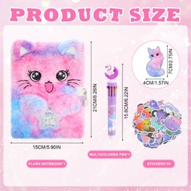 Candcamp Cat Secret Diary with Lock, Purple Fluffy Cat Notebook Set with Stickers Pen for Writing and Drawing Birthday Gift for Girls ages 5-12