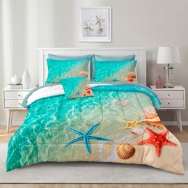 Merryword Ocean Beach Comforter Set Queen Size 8 Pieces Bed in a Bag Coastal Style Bedding with 1 Comforter, 4 Pillowcase, 1 Flat Sheet, 1 Fitted Sheet, 1 Cushion Cover