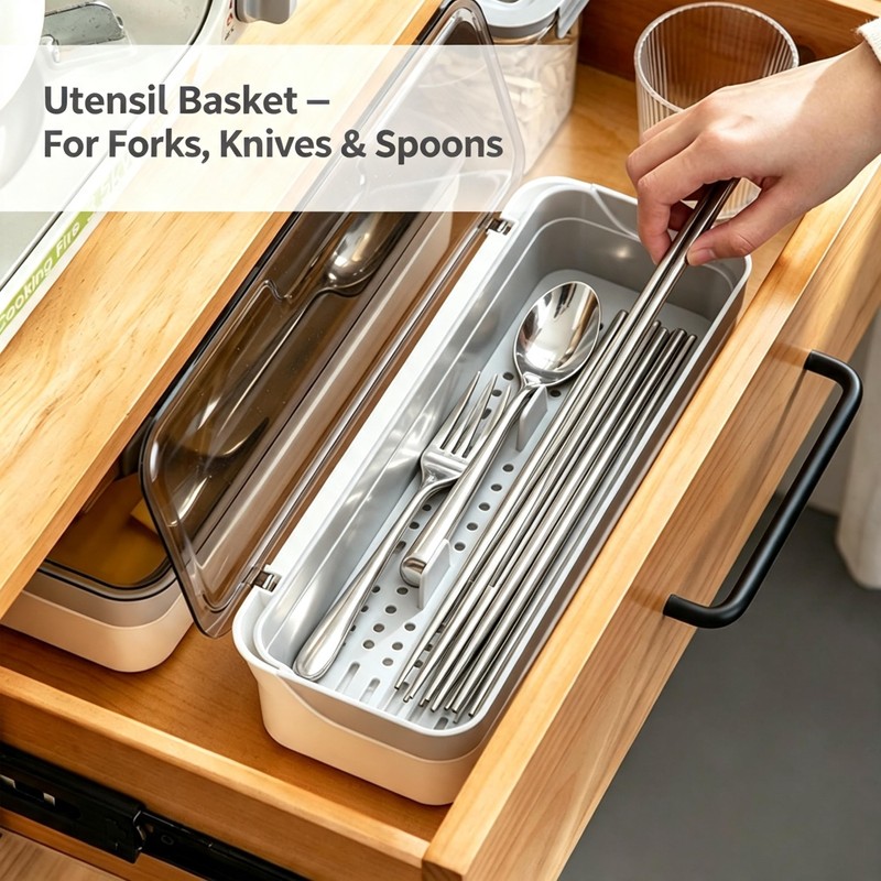 Silverware Tray with Lid, Clear Flatware Organizer, Kitchen Drawer Storage