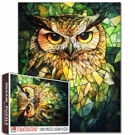Jigsaw Puzzles 1000 Pieces for Adults-Green Owl Glass Style Hardboard Puzzle-Challenging Puzzle Perfect for Game Nights-DIY Home Wall Decor-Art Puzzles Colorful Stained Glass Owl 27" x 20"