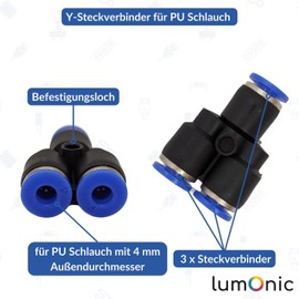Lumonic I PU Hose Y Connector I 4 mm I Y-Piece I Push-in I Pneumatic Connector I Y Splitter I Compressed Air & Automation