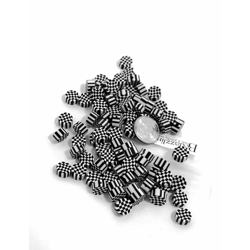 Bedazzlinbeads 8 Black & White 8mm Round Checkered Flag Flat