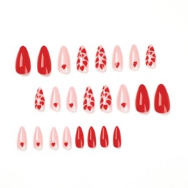 Almond Press on Nails Medium Heart Fake Nails with Designs Glossy Valentine's Day Nails Press on Acrylic Nails Red False Nails Winter Cute Full Cover Glue on Nails Pink Stick on Nails for Women 24Pcs