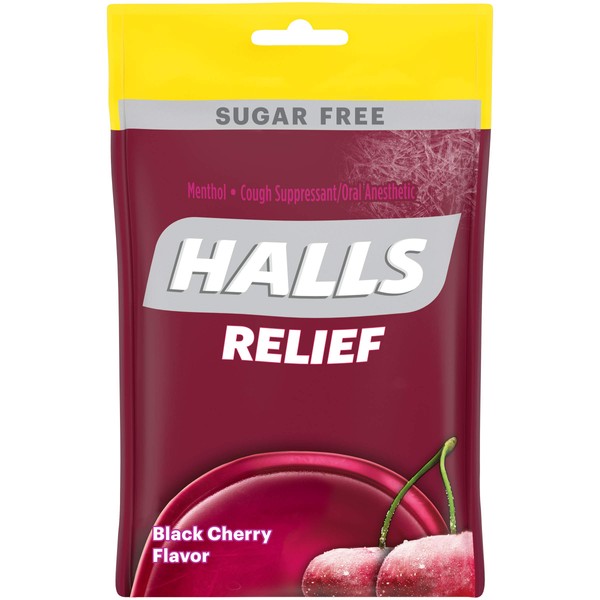 HALLS Relief Sugar Free Black Cherry Flavor Cough Drops, 1 Bag (30 Total Drops)