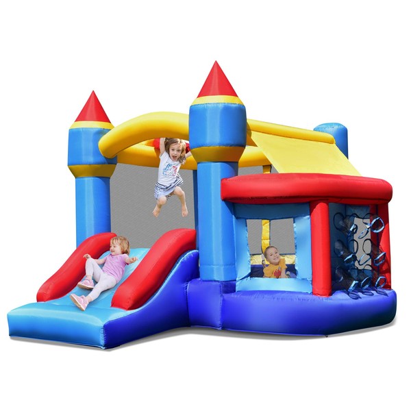 Costzon Inflatable Bounce House, Bouncy House for Kids Indoor Outdoor Party Fun w/Basketball Rim, Ball Shooting, 50 Ocean Balls, Large Castle Bounce House for Toddlers Birthday
