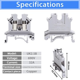 Shengbowi Terminal Block Rail Type Voltage Combined Block DIN Blocks Kit DK2.5N Connectors 12-22 AWG Gauge Ground Blocks Jumpers Brackets 600V Covers Grey