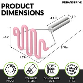 Urbanstrive Non-Scratch Silicone Potato Masher Kitchen Tool, Potatoes Masher Potato Masher Stainless Steel Wrapped In Premium Silicone, Potato Smasher, Pink