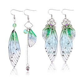 ABONDEVER Cottagecore - arete de ala de mariposa, 1 par de arete de ala de hadas y 1 par de arete asimétricos de Fairycore para mujer, Metal, No es una piedra preciosa