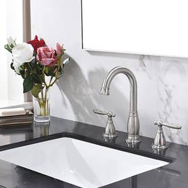 3-Hole 8 inch 2-Handle Brushed Nickel Widespread Bathroom Faucets with Valve and Metal Pop-Up Drain Assembly by phiestina, WF017-4-BN