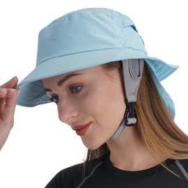 OZ SMART Australia Surfing Bucket Hat with Chin Strap and Ear Covers, Men/Women Wide Brim Sun Hat for with Detachable Neck Flap, UPF 50 UV Protection SkyBlue