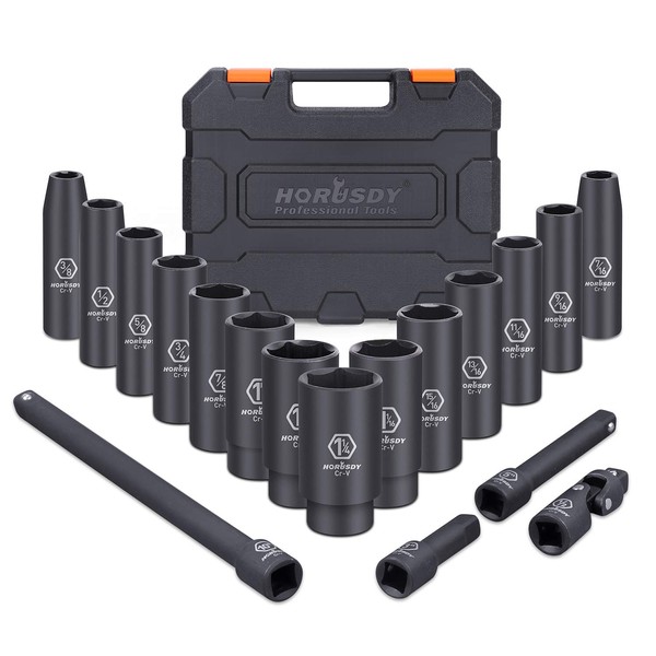 HORUSDY 1/2 Impact Socket Set | 18-Piece | SAE (3/8-Inch to 1-1/14") | 6 Point Impact Socket Set 1/2 Drive with Case | Cr-V Steel | 3", 5", and 10" Impact Extension Bars