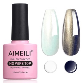 AIMEILI Hema Free Gel Nail Polish Pearl Top Coat, Cruelty Free, Vegan, 2 In 1 Pearlescent Glitter Glossy Shiny No Wipe Gel Top Coat 010