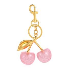Kifmurase Cherry Bag Charm Keychains, Cute Purse Handbag Accessories for Women Resin Glitter Luxurious Cherry Chain with a Gold Leaf for Decoration Storage