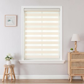 Joydeco Cordless Zebra Blinds for Windows, Dual Layer Light Control Window Blinds with Light-Proof Aluminum Cover, Free-Stop Roller Shades for Home & Office (Beige,46" W x 75" H)