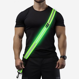 LED Running Gear High Visibility Reflective Belt Sash, Adjustable Night Walking Safety Gear, Rechargeable Light Up Running Reflective Belt for Runners Walkers Men Women(Green)