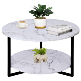 Modern Coffee Table,Faux Marble Tables for Living Room,Small Round Coffee Table with Storage,White and Black Coffee Table,Circle Center Table for Living Room,Low Coffee & Tea Table, Modern