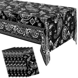 Oudain 6 Pcs Bandana Party Tablecloths,54 x 108 Inch Plastic Western Party Tablecloth, Bandana Paisley Table Cover, Rodeo Table Cloth for Western Mexican Favor Supplies (Black)