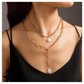 Inilbran Layered Paper Clip Y Chain Necklace Vintage Pearl Pendant Necklace Choker Gold Long Drop Y Necklaces Chunky Link Chain Necklace Jewellery for Women and Girls